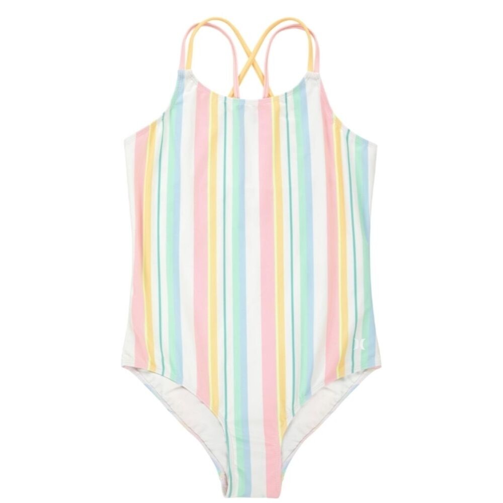 NWT Hurley Girls One Piece Swimsuit Multicolor Stripe Rainbow Strappy - Size 12
